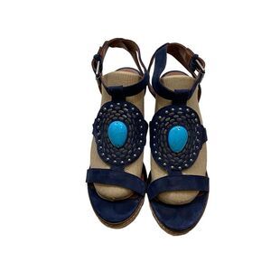 Lauren‎ Ralph Lauren Naby Blue Leather Wedge Espadrille Leather Sandals Size 9.5